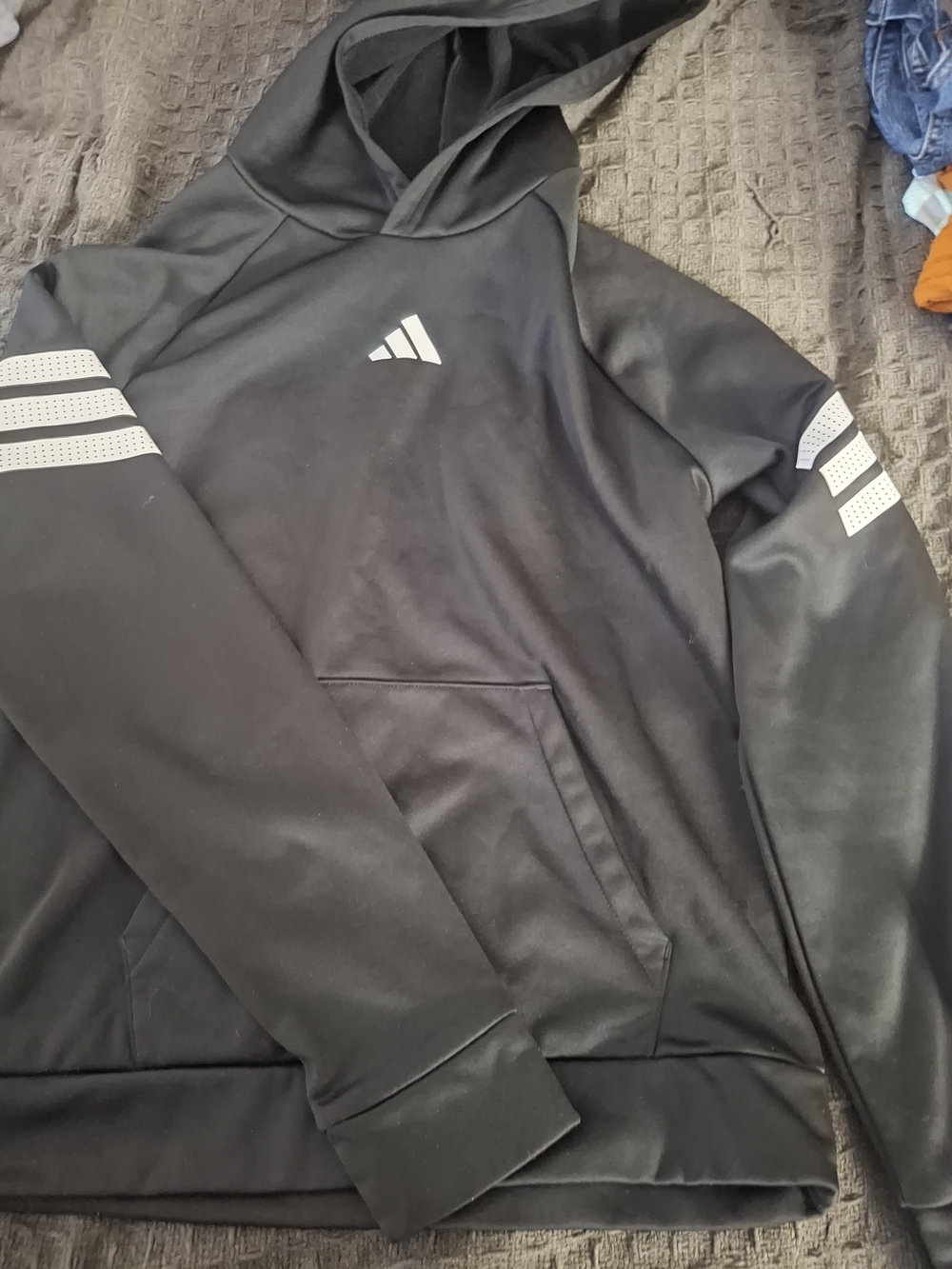 adidas Black Hoodie with White Sleeve Stripes